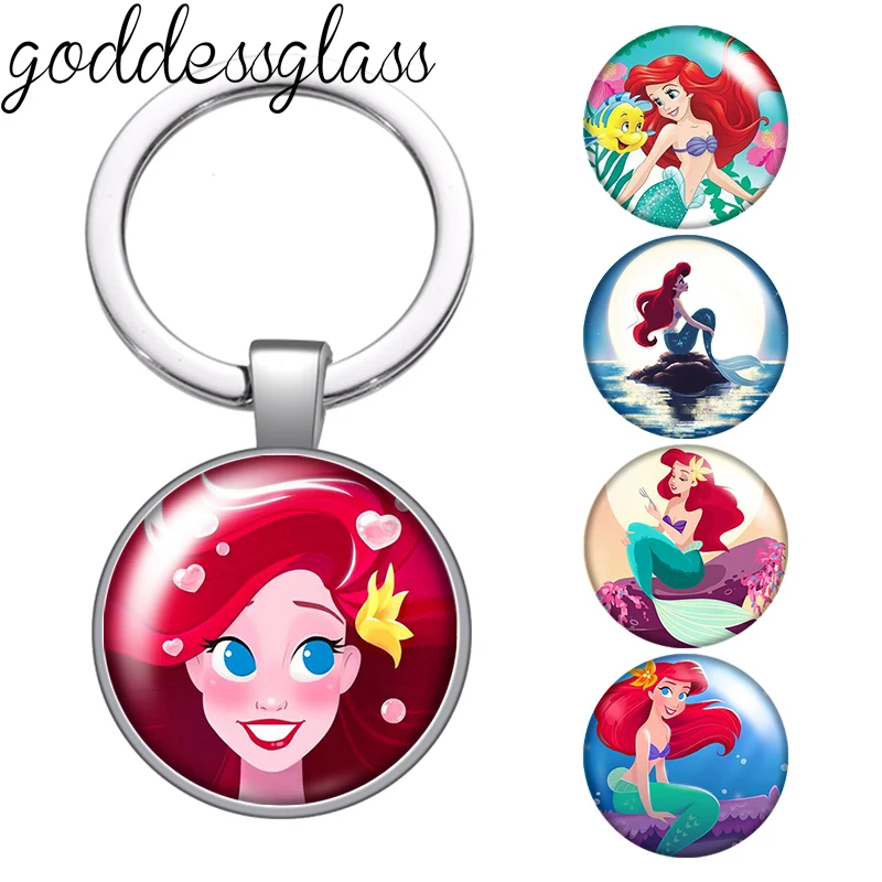 Disney The Little Mermaid Princess Ariel Photo glass cabochon keychain Bag Car key chain Ring Holder Charms keychains gift