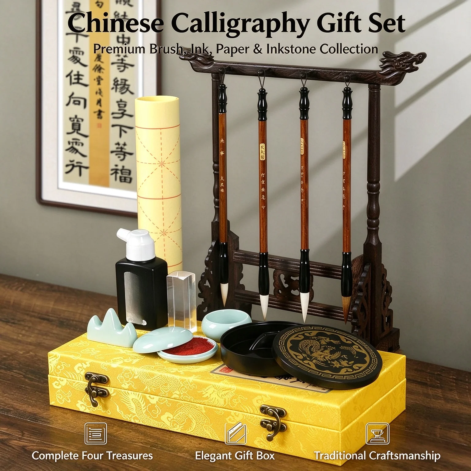 High End Four Treasures of Study Writing Set Brush Ink Rice Paper Ink Slab Brush Rest for Beginner Calligraphy Practice Kit