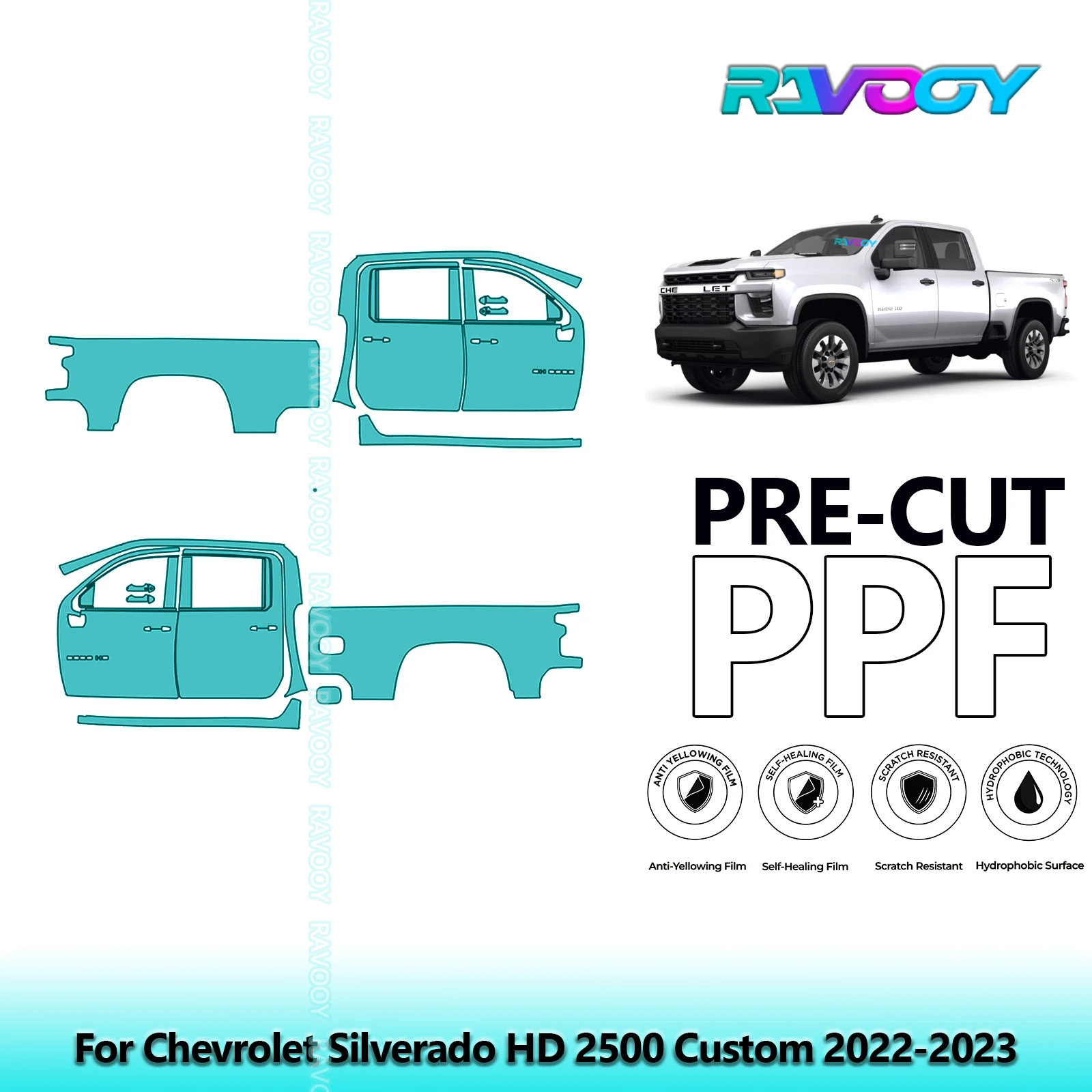 

For Chevrolet Silverado HD 2500 Custom 2022-2023 8.5mil Pre-Cut PPF Door & A/B Pillar Kit TPU Paint Protection Film Set
