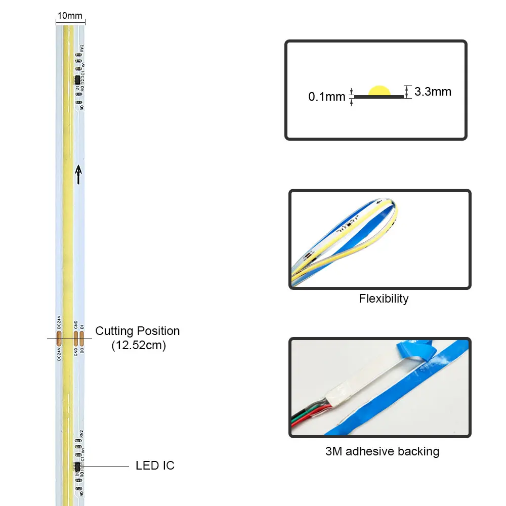Bande lumineuse LED COB IC pour décor d'éclairage domestique, lampe à bande flexible, course de chevaux, eau courante, blanc chaud, naturel, froid, 24V