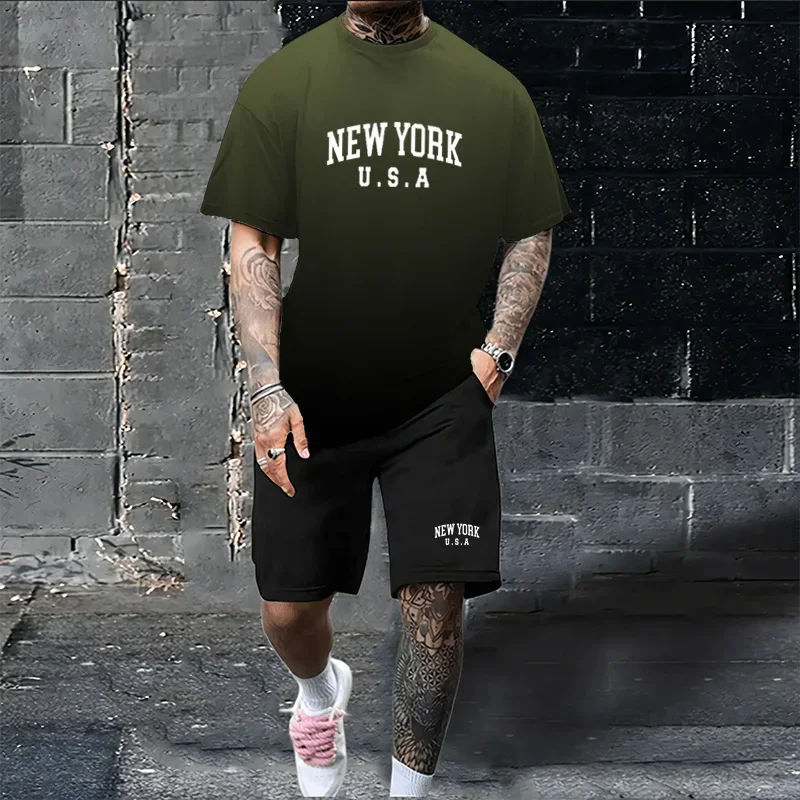 Gradient men's T-shirt New York 3D printed T-shirt fashionable casual street style pullover simple oversized men's T-shirt set