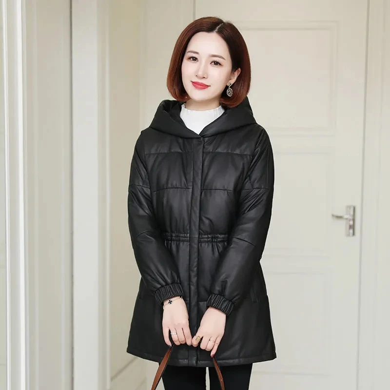 Black PU Leather Down Cotton Jacket For Women Mid-Length Hooded Thick Faux Leather Coat 2024 Autumn Winter New Windproof Outwear