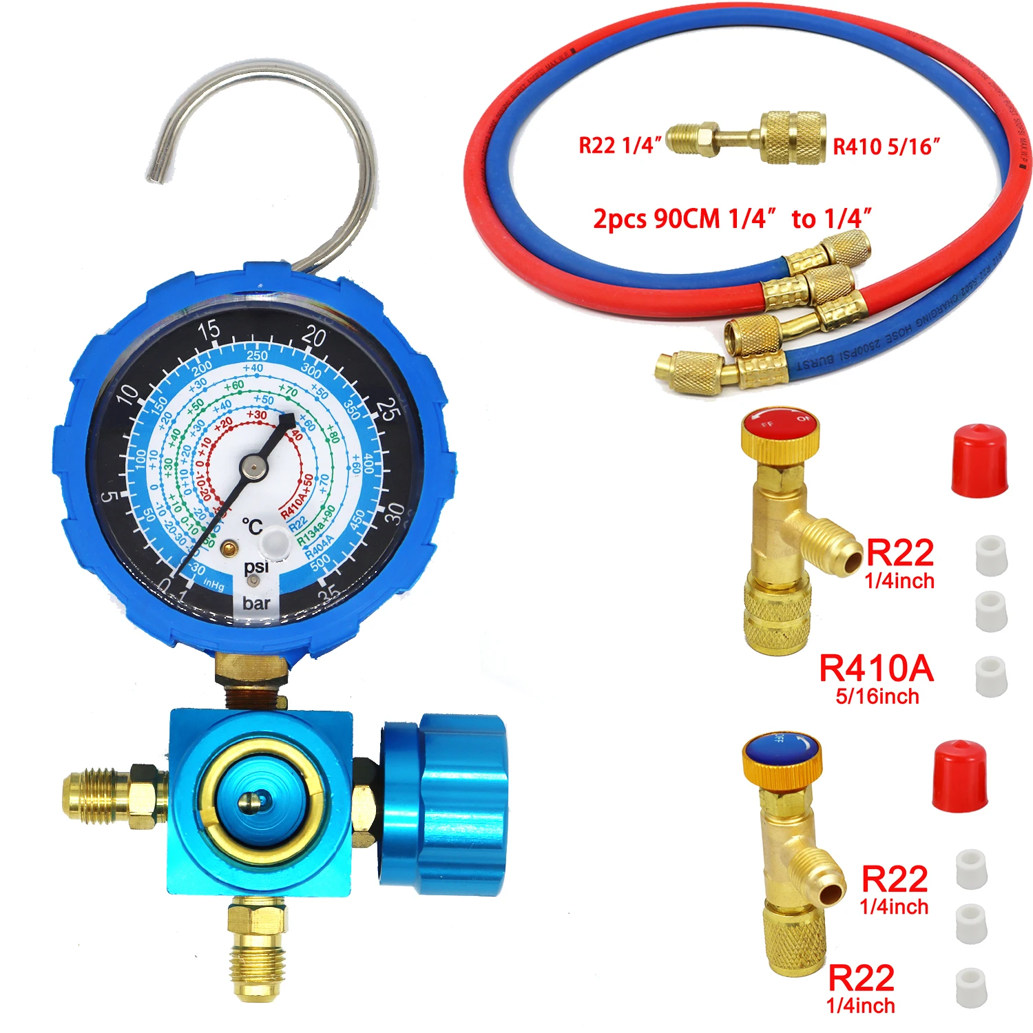 Air Condition Manifold Gauge for R22/R410A/R134A/R404A High and Low Pressure A/C Refrigeration Tool with Sight Glass