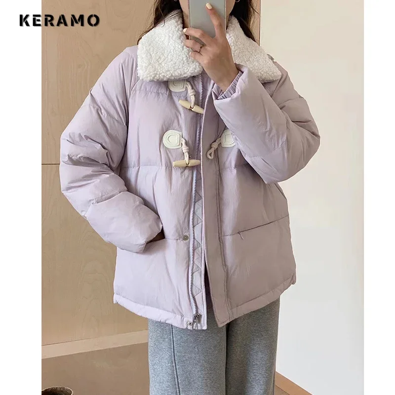 Women Casual Sweet Single Breasted Parkas 2024 Winter Purple Outerwear Jacket Lovely Warm Patchwork Long Sleeve Thick Coat