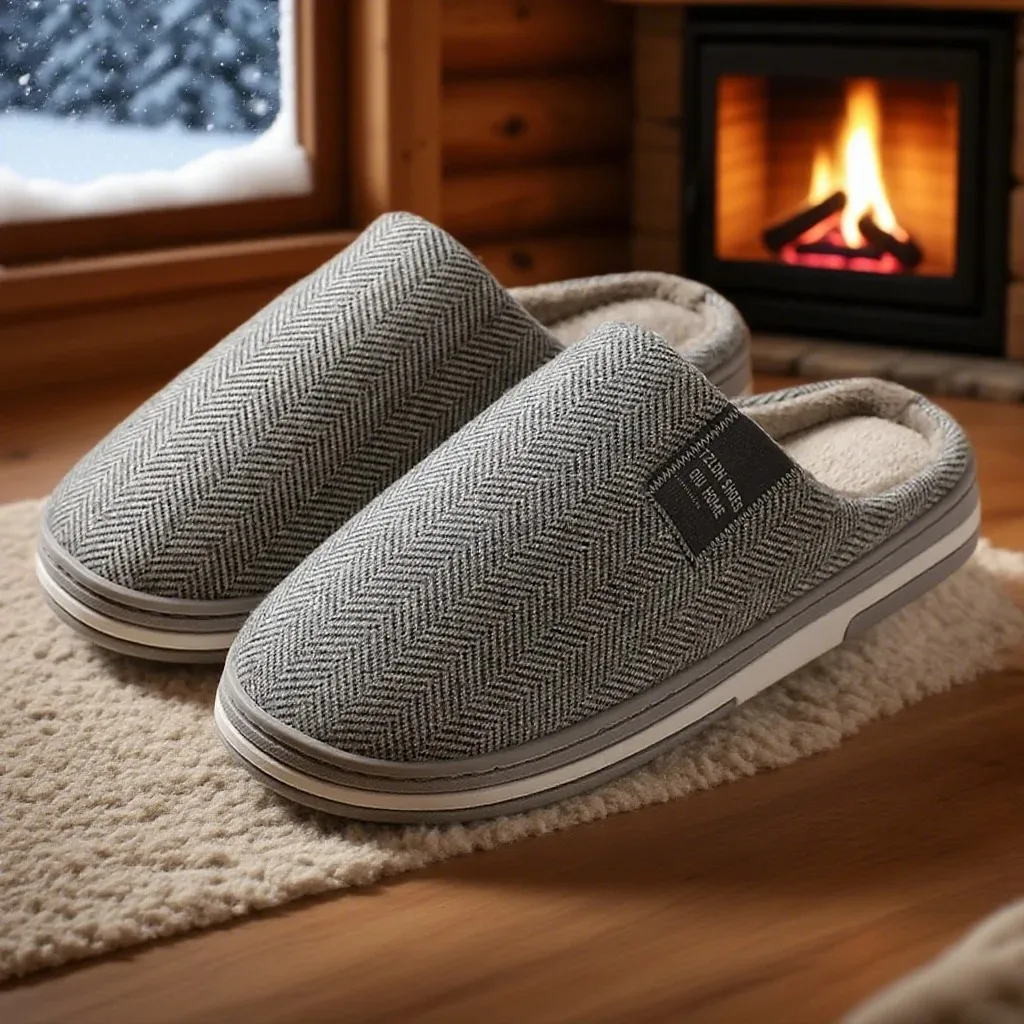 

New Men's Winter Cotton Slippers Home Warm Non-slip Plush Spring Slippers Simple Japanese Couples Bedroom Cotton Slippers