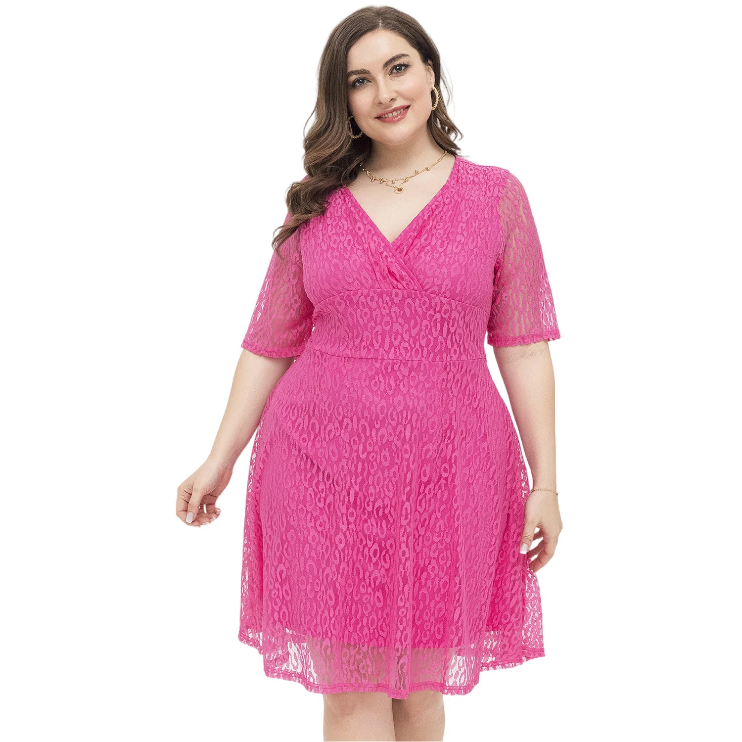 Large Size Women's Casual Dress Chubby Girl With A V-neck Elegant Plus Size Lace Dress