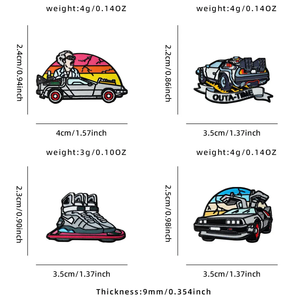 4pcs/Set Back to the Future Enamel Pin Set DeLorean DMC-12 Cartoon Anime Brooches Classic Movie Fans Gift Jewelry Collection