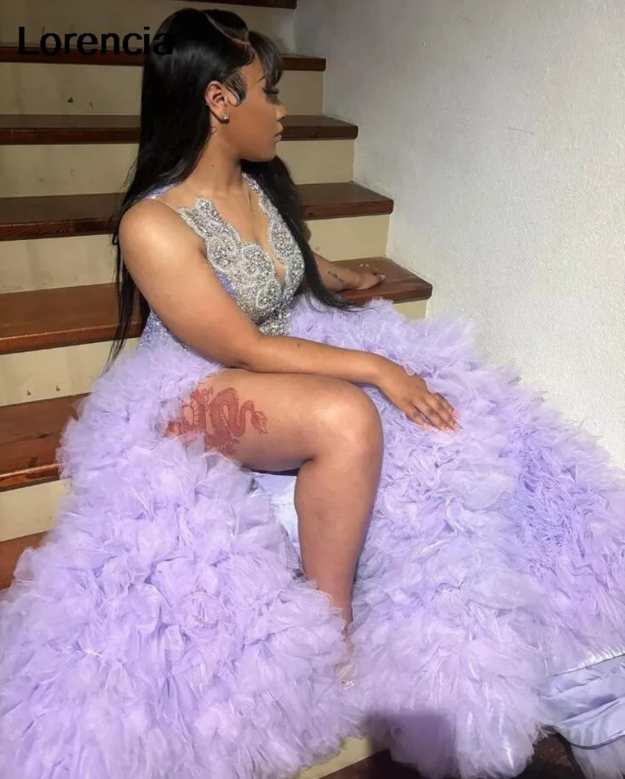 Lorencia Lilac Purple Evening Ceremony Dress for Black Girl Sparkly Diamond High Slit Mermaid Prom Birthday Gala Gown YPD199