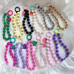 Korean Cute Love Heart Beaded Colorful Sweet Phone Bracelet For iPhone Women Accessories Anti-Lost Chain Lanyard Hanging Cord