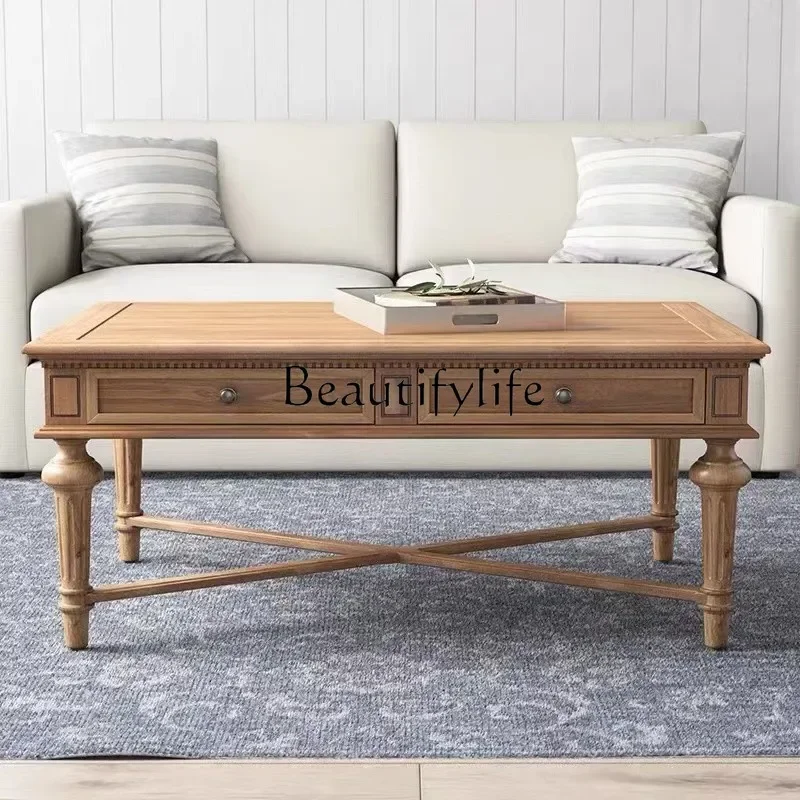 

American Country Solid Wood Distressed Rectangular Coffee Table French Simplicity Small Apartment Living Room Side Table Logs