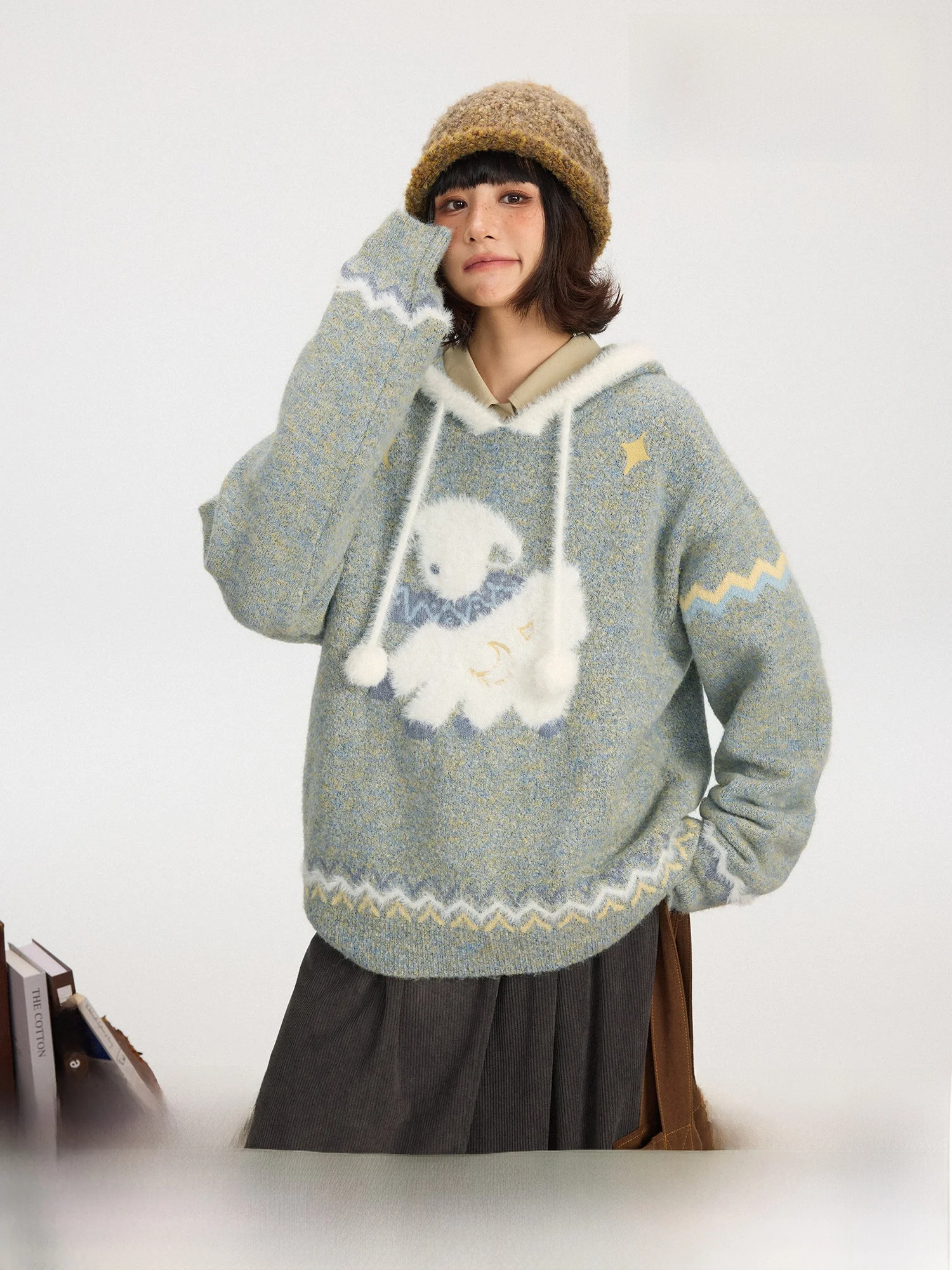 

Милый вязаный свитшот с вышивкой и капюшоном для женщин, осенне-зимний, с длинными рукавами, стандартный крой, повседневный топ