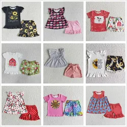 Wholesale Children Summer Set Toddler Short Sleeves Floral Cow Cactus Crawfish Tunic Ruffle Shorts Kids Baby Girl Flower Outfit