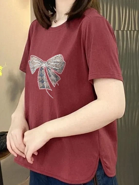 

Женская свободная футболка с коротким рукавом и узловым принтом в стиле Commute Style, омолаживающий топ для женщин среднего и пожилого возраста