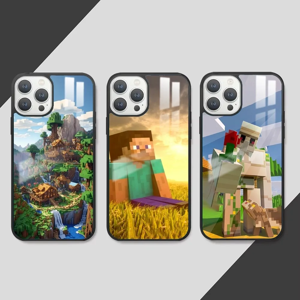 Cute M-Minecraft block world Phone Case For iPhone 16 15 14 13 12 11 Pro Max Plus Mini PC Fashion mirror phone case