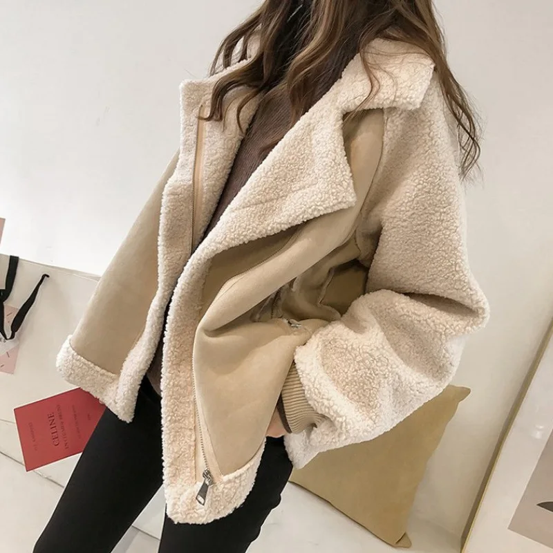 Winter Faux Sheep Wool Coat Women Warm Thick Long Sleeve Zipper Pocket Jacket Fashion Leather Motorcycle Jacket