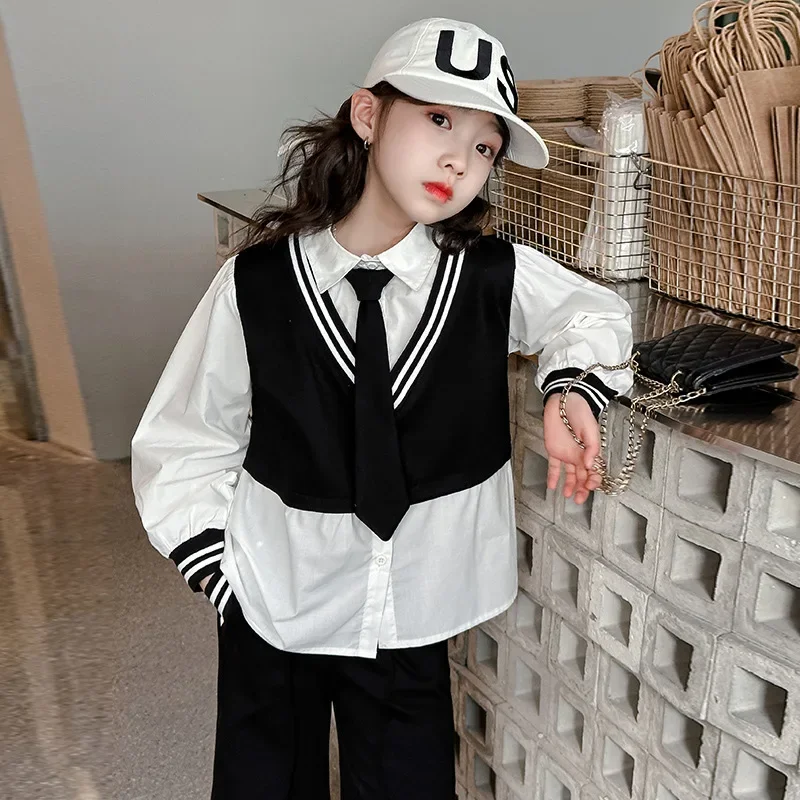 Girl's Set Spring and Autumn 2024 New Western Style Girl's Spring Dress Children's Academy Style Fake Two piece Shirt Set