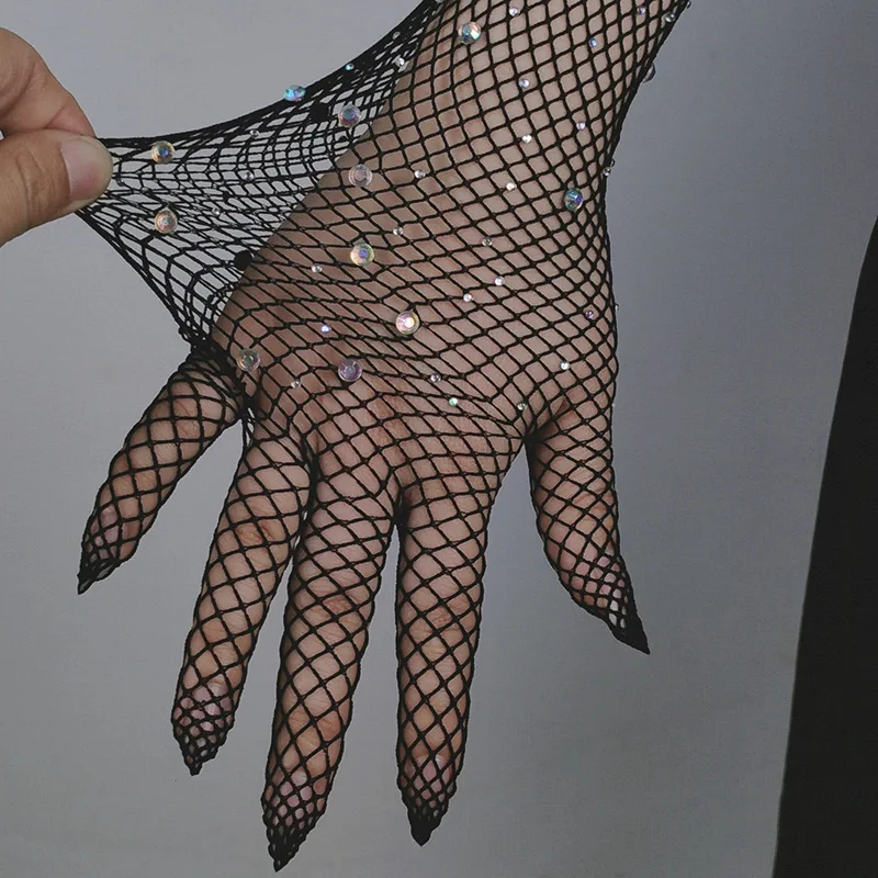 Guantes de red de pesca con diamantes de imitación para mujer, manoplas sexys con malla de encaje para Halloween, para conducir al aire libre,