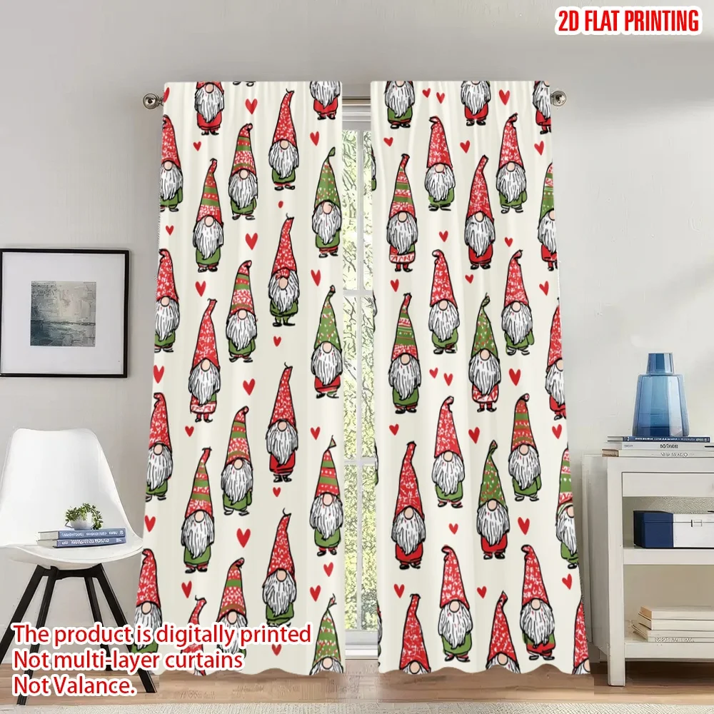

2pcs 2D flat printing Fashionable Christmas curtains Christmas Gnomes Hearts Digital Printed Polyester Drapes Festive Curtains