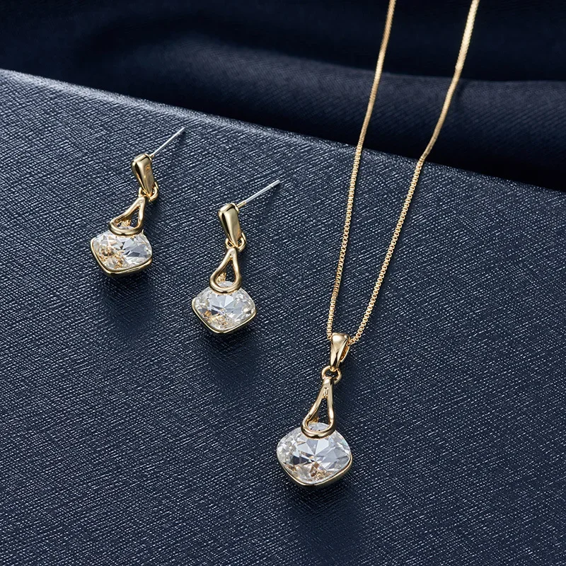 Luxury Square Crystal Necklace Earring Sets for Women Imitation Pearl Pendant Necklaces Stud Earrings Wedding Party Jewelry Gift