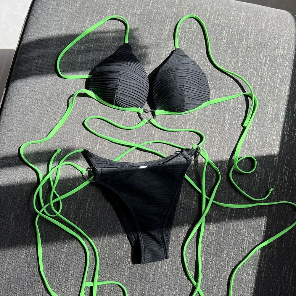 

String Cross Lace-up Thong Micro Bikini Women Swimwear 2025 Black Sexy Swimsuit Push Up Bathing Suit Texture Halter Bikinis Sets