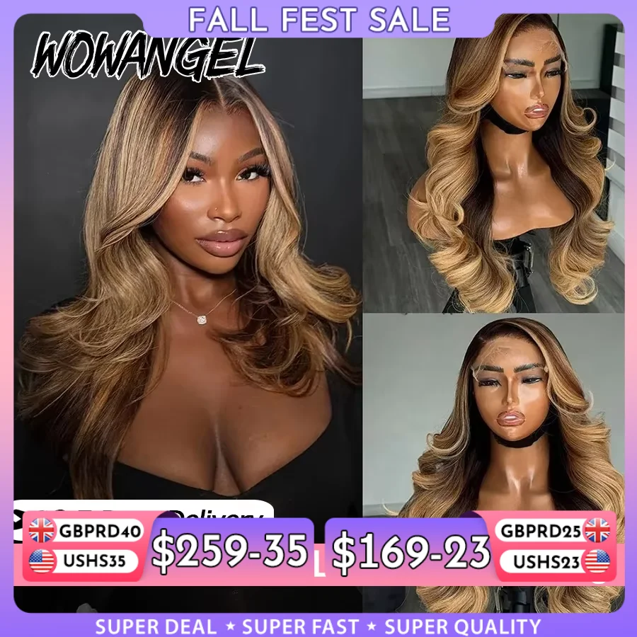 WOWANGEL 5x5 Lace Closure Wig Brown With Blonde Highlight Body Wave Human Hair Wig Pre Plucked Glueless Wig Ready To Go Raw Hair
