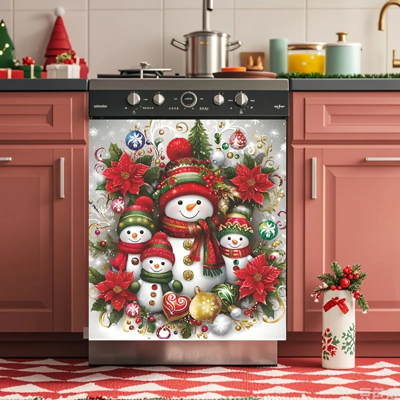 Reusable Christmas Magnetic Dishwasher Cover, Snowman Stocking Design, Kitchen Fridge Decor, Holiday & Birthday Gift