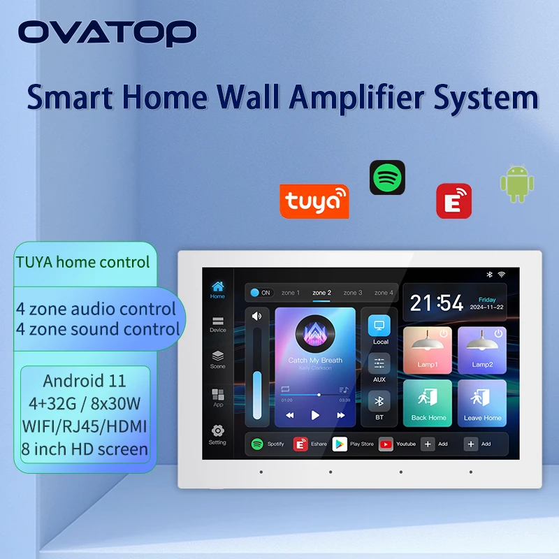 8 Inch touch screen 4zone audio in wall amplifier WIFI TUYA smart home control panel bluetooth sound music player Android system