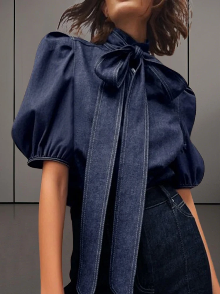 Gymystars Fashion Blue Soft Denim Women's Shirts Summer New Casual Puff Sleeve Bow Tie Elegant Spring Street Lady Tops for Work view 2