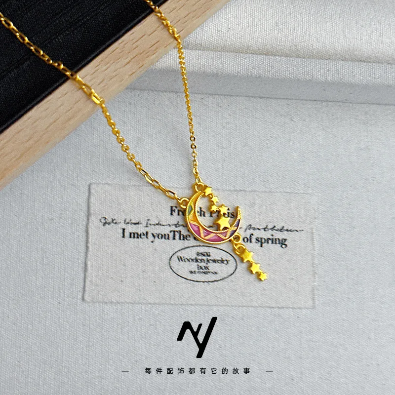 الرجعية ستار القمر قلادة 9999 24K الذهب الحقيقي مزاجه لطيف ضوء الفاخرة المينا اللون الرائعة غالاكسي سلسلة الترقوة