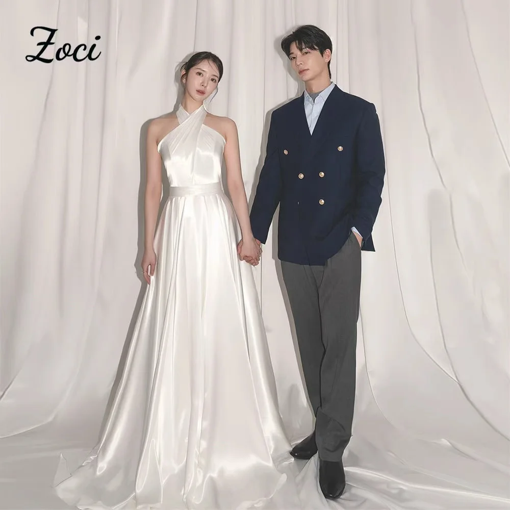 

Zoci Modern Criss Cross Silk Satin Korea Wedding Dresses Corset Sleeveless A Line Bride Wedding Party Gown Customized