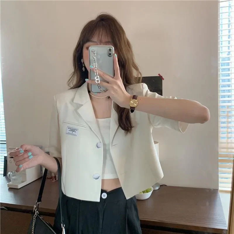 Short Sleeve Blazer Jacket Ladies Summer 2025 New Thin Notched Collar Suit Coat Women Casual Wild Black White Short Outwear Tops