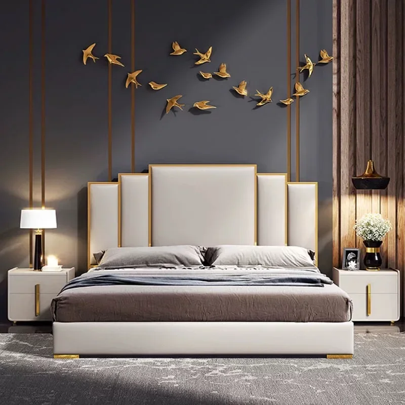 

Luxury Classic Modern Leather Queen King Size Bed Frames Upholstered Platform Beds Storage House Bedroom Sets Furniture