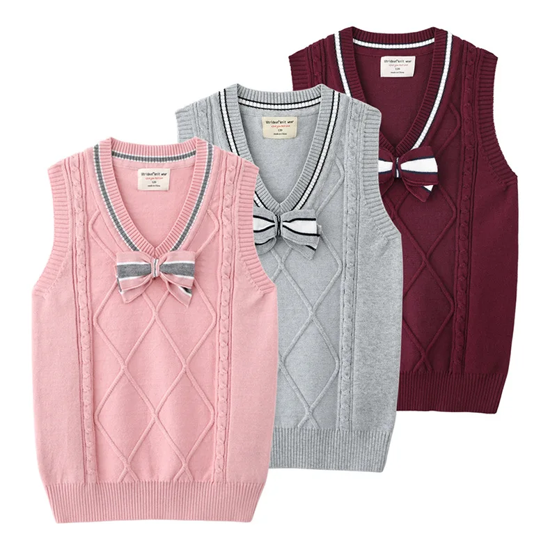 Autumn Winter Children Girls Sleeveless Vest Cotton Knotbow V-collar Infant Baby Girls Pullovers Loose Casual Toddler Girls Vest