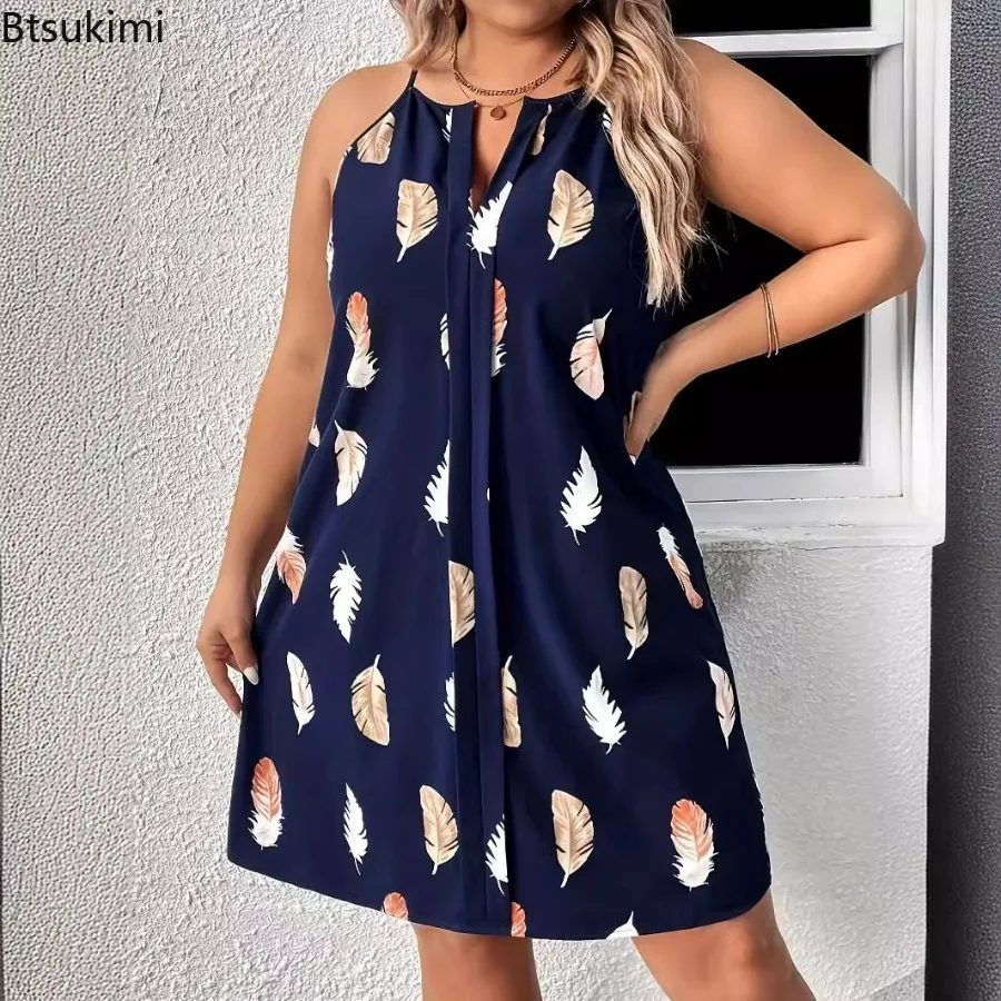 

2024 Women's Feather Print Midi Dress Fashion Bohemian Beach Dress Girl's Sleeveless Casual Strap Dress Party Sundress Oversized