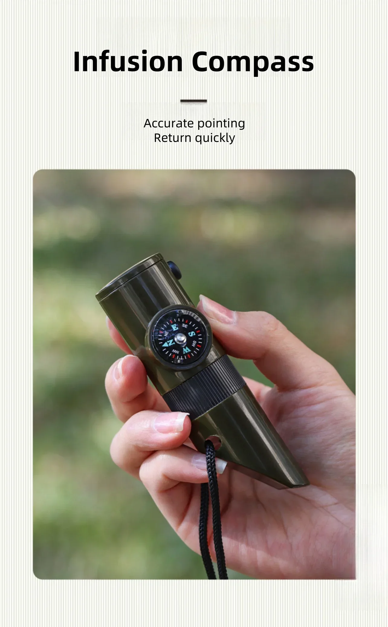 Jungle Survival Whistle with Compass Mirror Flashlight Magnifier LED Light Thermometer Storage Hiking Tool