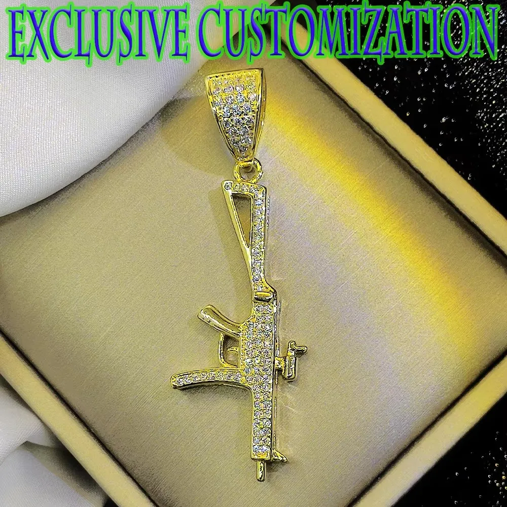 Hip hop custom decorative necklace, set with diamonds and popular firearms pendant, 18K gold plating, trendy cultural boutique