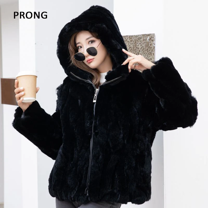 100% Real Rabbit Fur Coat Women Winter Loose Hooded Zipper Natural Fur Jacket Thick Warm Woman Clothing Female Furry Outerwears