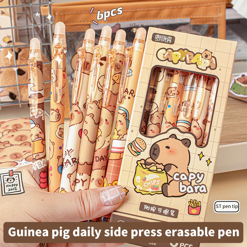 Juego de bolígrafos de Gel Kawaii Capybara, tinta negra y azul de secado rápido, bonitos bolígrafos de Gel a presión, papelería estética, suministros escolares y de oficina, 6 piezas