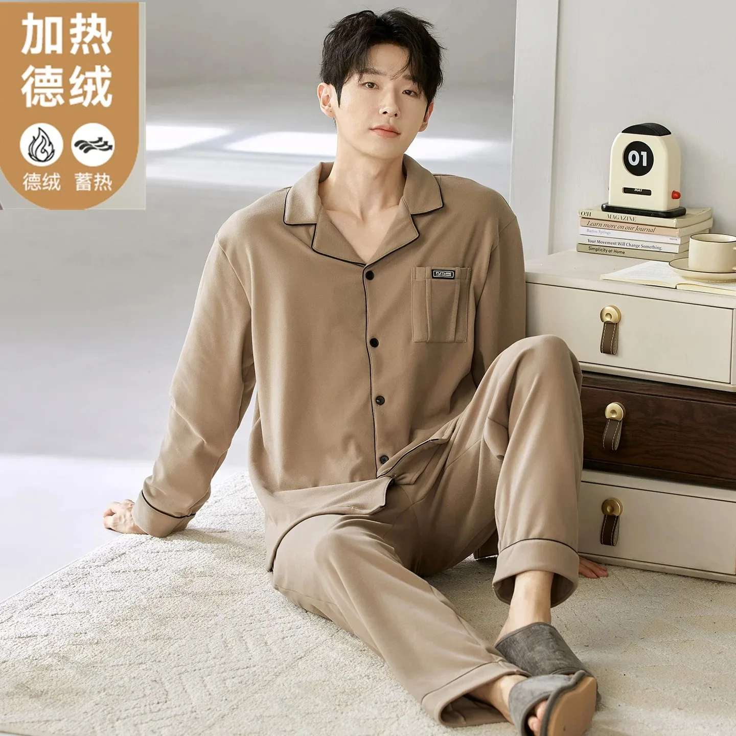 2 Pieces Set Thin Fleece Men's Sleepwear Autumn Winter Long Sleeves Nightwear Young Boy Pajamas Set Elegent Homewear Hombre Pjs