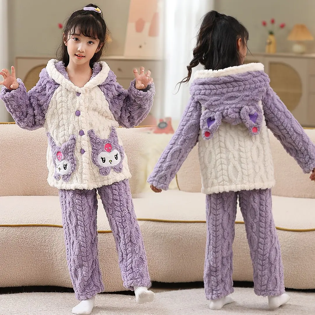 Cute 2Pcs Cinnamoroll Kuromi Children's Flannel Pajama Animesanrios Melody Autumn Winter Girl Warm Thicken Loungewear Homewear