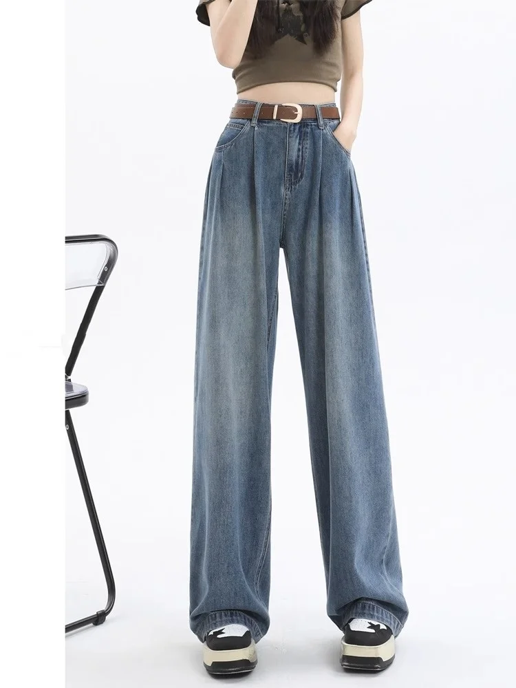 High Waist Wide Leg Denim Jeans Women's Loose Winter Fleece Floor-Length Pants Straight Cut Slimming Effect for Pear Shaped Body
