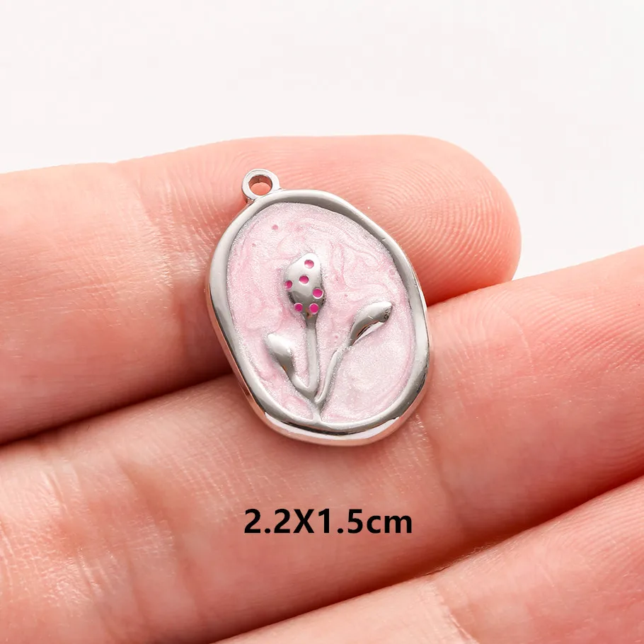 2 Stück Edelstahl-Anhänger mit blau-rosa Emaille, modischer Pflanzen-Charm, natürliche Perlenblumen-Anhänger für die Schmuckherstellung, Halsketten, Großhandel – Detail 18