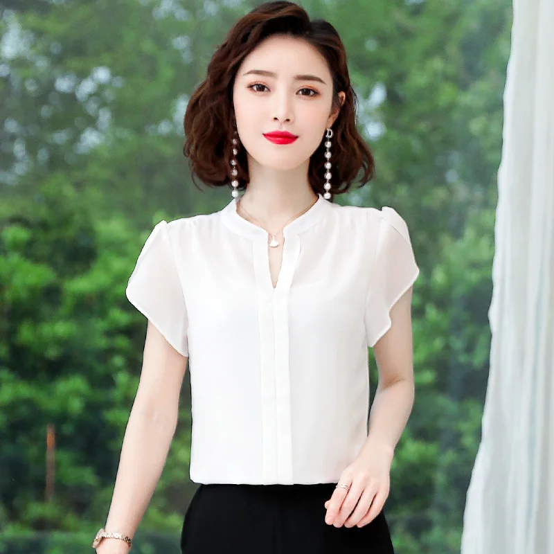 Thin Short Sleeved Chiffon Versatile Shirt For Women'S Summer New Korean Style Fashionable Standing Collar Flower Bud Sleeve Top