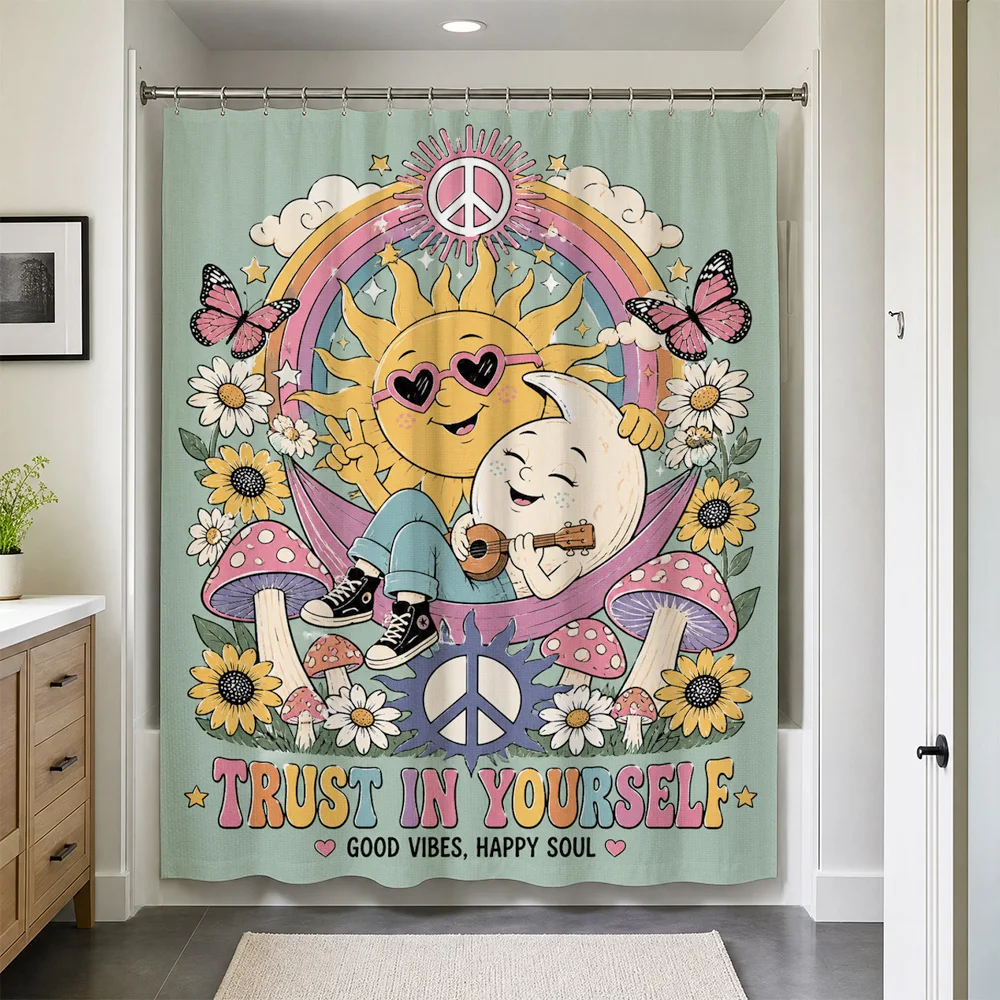 Cute Boho Shower Curtain Bathroom Decor Positive Vibes Cartoon Animals Tropical Print Waterproof Shower Curtain Trendy Boho Chic