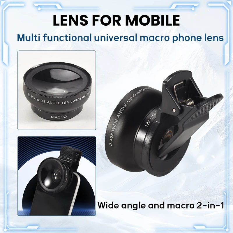 عدسة هاتف يومية 2 في 1 عالية الدقة 0.45X زاوية واسعة للغاية وعدسة ماكرو للهاتف المحمول 12.5X لهاتف آيفون 11 لهاتف شاومي وسامسونج وهواوي