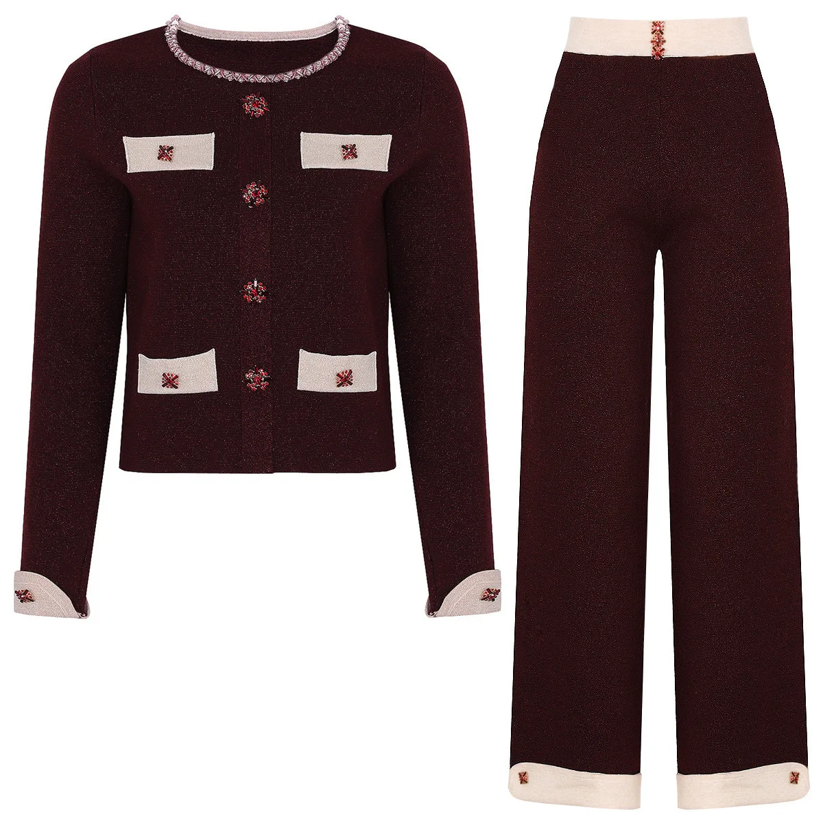 

Quality Brand Autumn Winter Knitted Two Piece Sets Women Knitwear Bead Cardigans Sweater Long Trousers Wide Leg Pants Suits