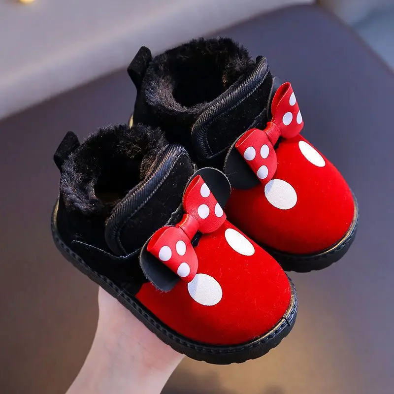 Disney Minnie Children Package Heel Cotton Shoes Girls Fashion Warm Snow Boots Kids Ankle Bow Colour Blocking Cotton Shoes