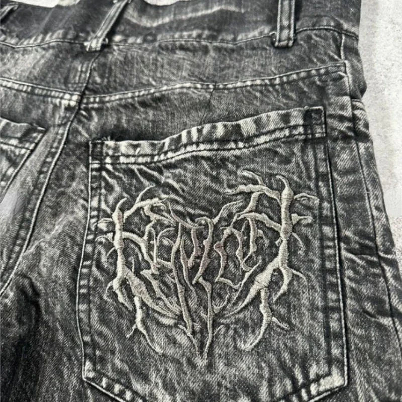 

American hip-hop Harajuku retro high street washed gradient summer new item dark embroidery patchwork jeans shorts men