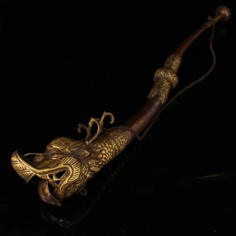 Collection Chinese Brass Carved Dragon's Head Pipe Crafts