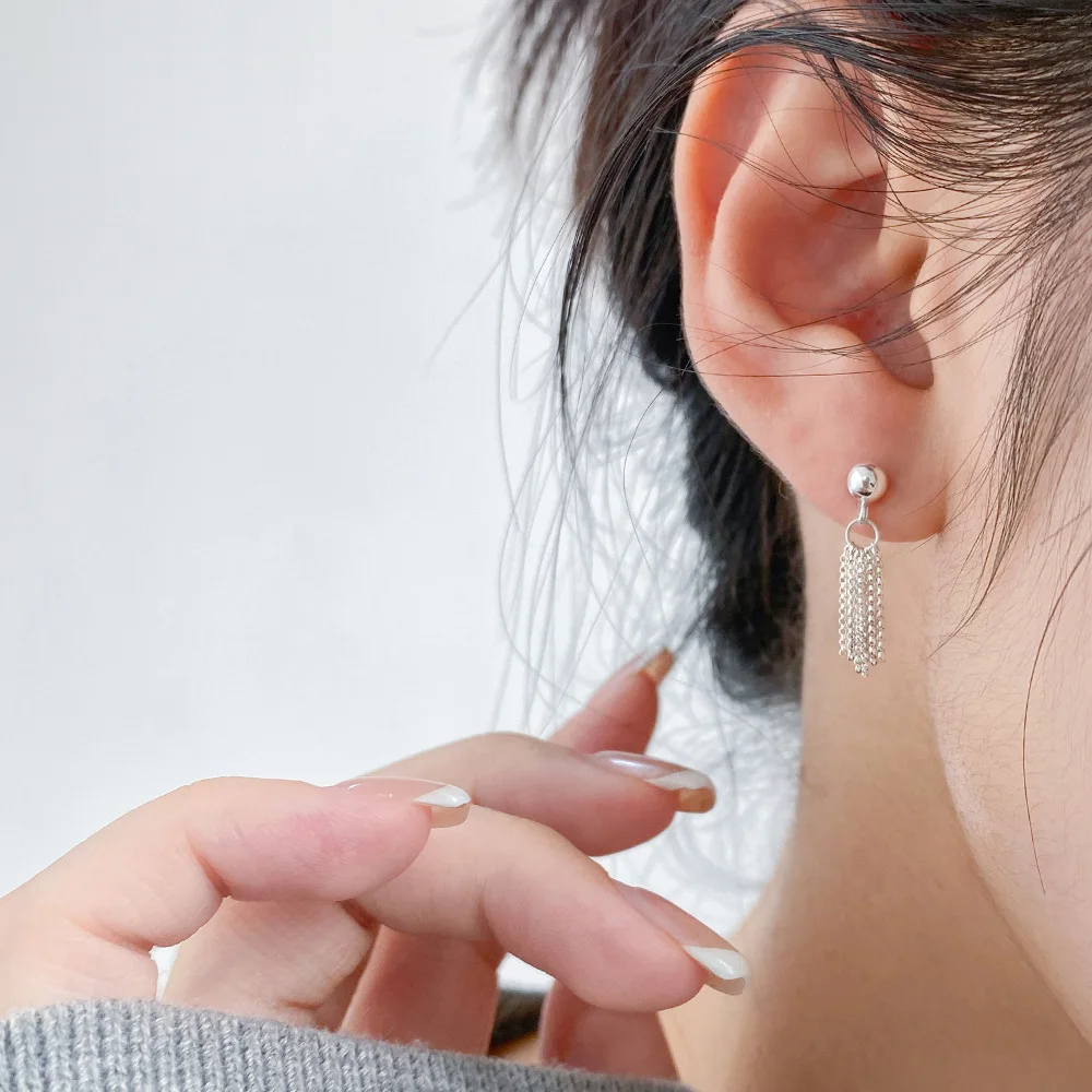 [Cciris.Com] S925 Silver Bead Tassel Thread Earrings Nickel Free Hypoallergenic Minimalist Wholesale Dainty Jewelry for Women